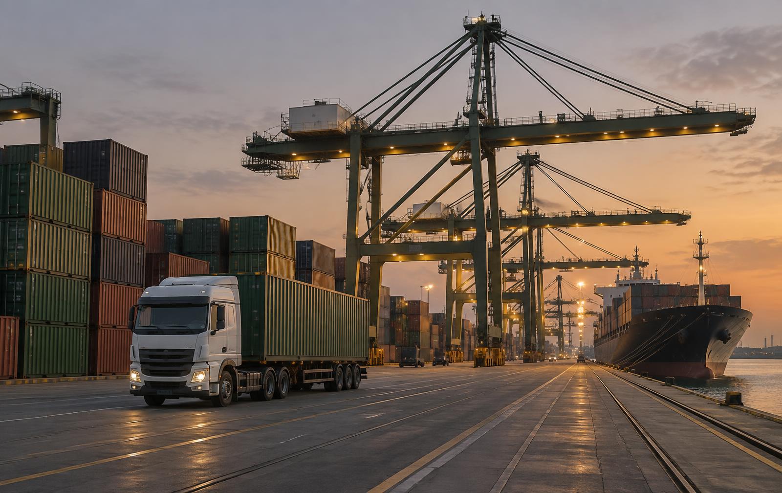 Container vessel, port cranes and truck at a modern logistics terminal