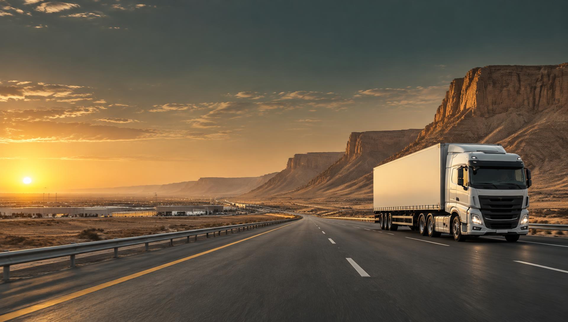 Commercial freight truck travelling through Saudi Arabia